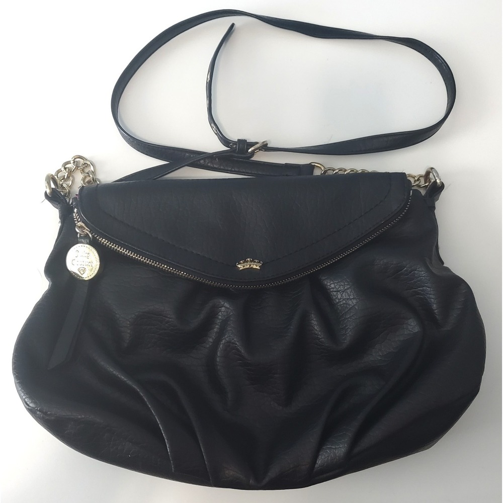 Juicy Couture Purse Black Faux Leather Crossbody Bag Gold Chain Designer EUC